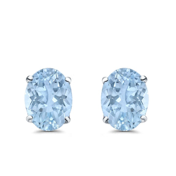 Art Deco Oval Wedding Bridal Solitaire Stud Earrings Simulated Aquamarine CZ 925 Sterling Silver-7mmx5mm